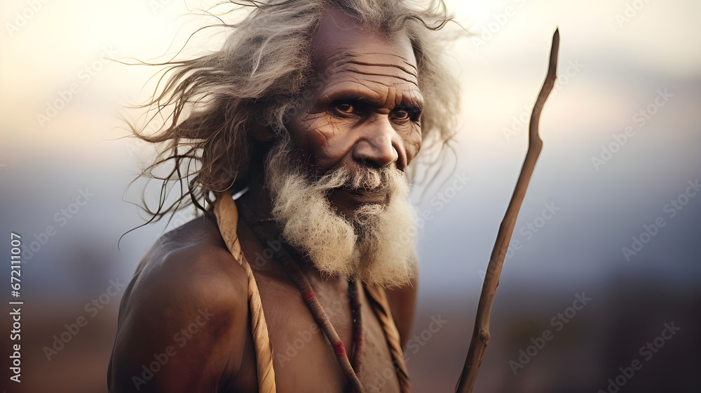 An Australian Aboriginal elder, with a rich tapestry of life experiences etched on his face, stands resolutely, clutching a staff against a tranquil outback backdrop. - obrazy, fototapety, plakaty 