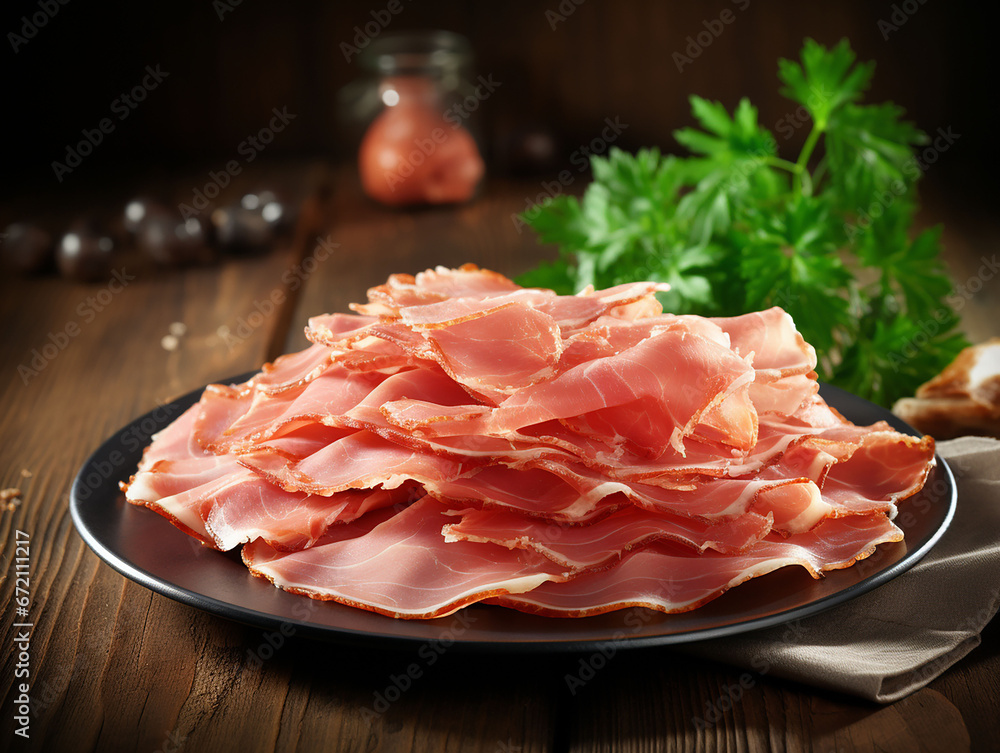 plate with thinly sliced ham on wooden table