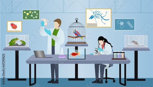 animal scientists doing research animals in the laboratory, veterinary worker making test and analysis animals, vector illustration