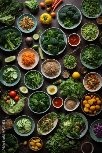 set of various plates of food on background  top view