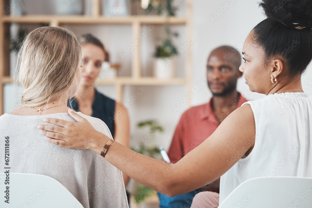 Support, help and group of people in therapy discussion for mental health problem, stress or depression with professional psychologist or therapist. Care, trust and psychology with community talking Support, help and group of people in therapy discussion for mental health problem, stress or depression with professional psychologist or therapist. Care, trust and psychology with community talking