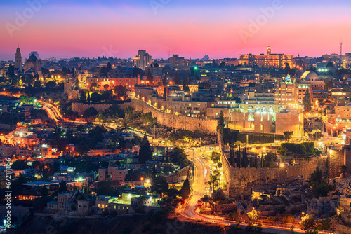 Scenic view of the Jewish Quarter of the Old City of Jerusalem at dusk
