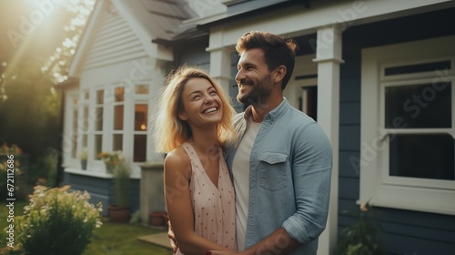A happy young couple stands in front of their new home. Generative Ai.