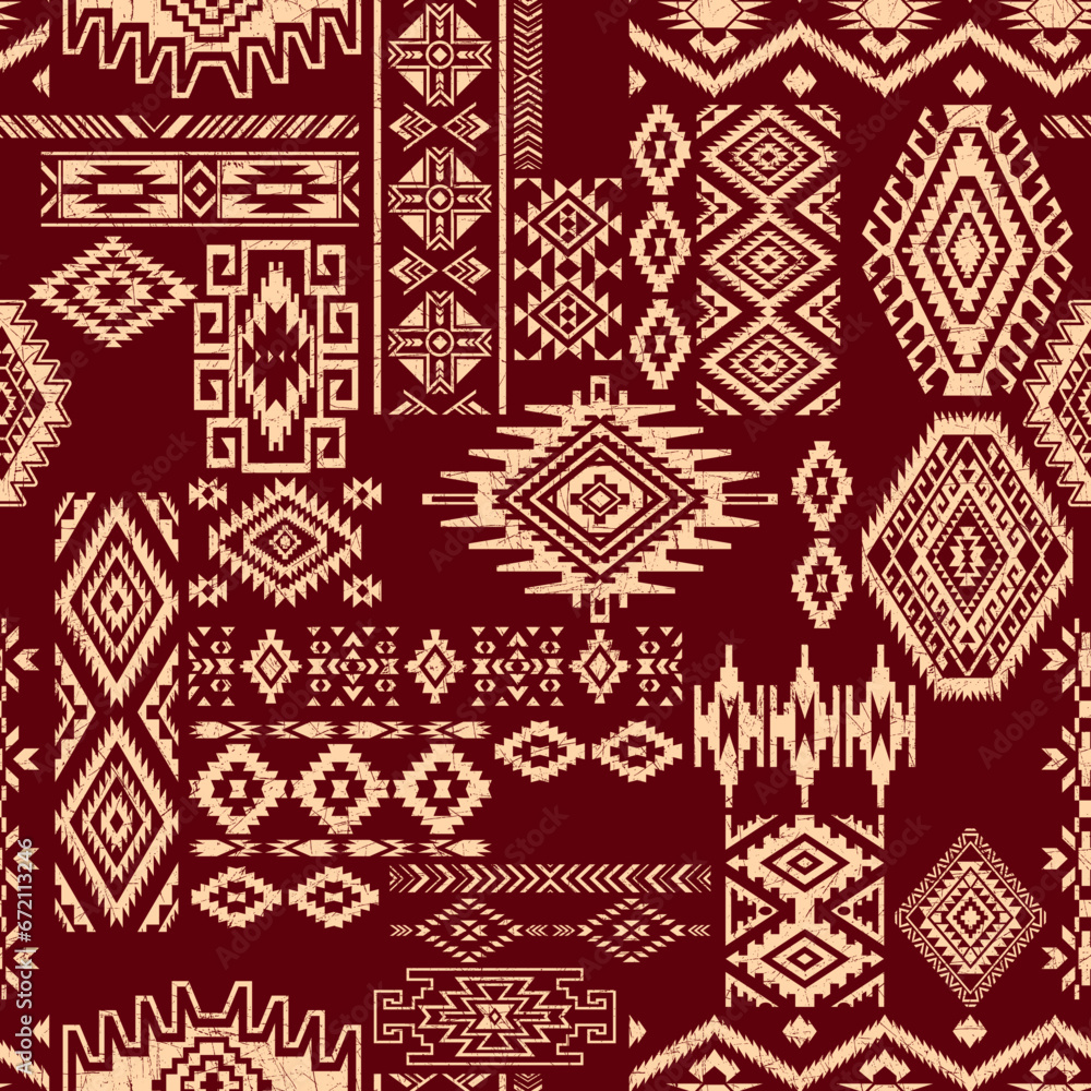 Native American tribal elements patchwork wallpaper abstract vector seamless pattern grunge effect in separate layer