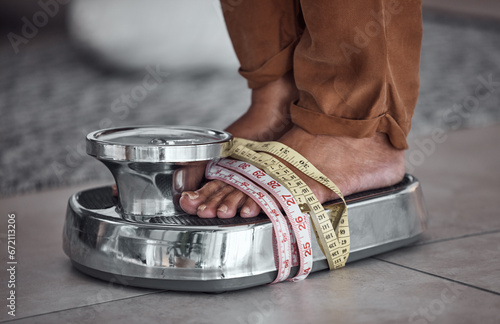 Quadro em tela Feet, anorexia and person on scale with tape measure to check body to lose weight with stress