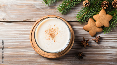 Spiced Christmas eggnog. Above view on a serving boat