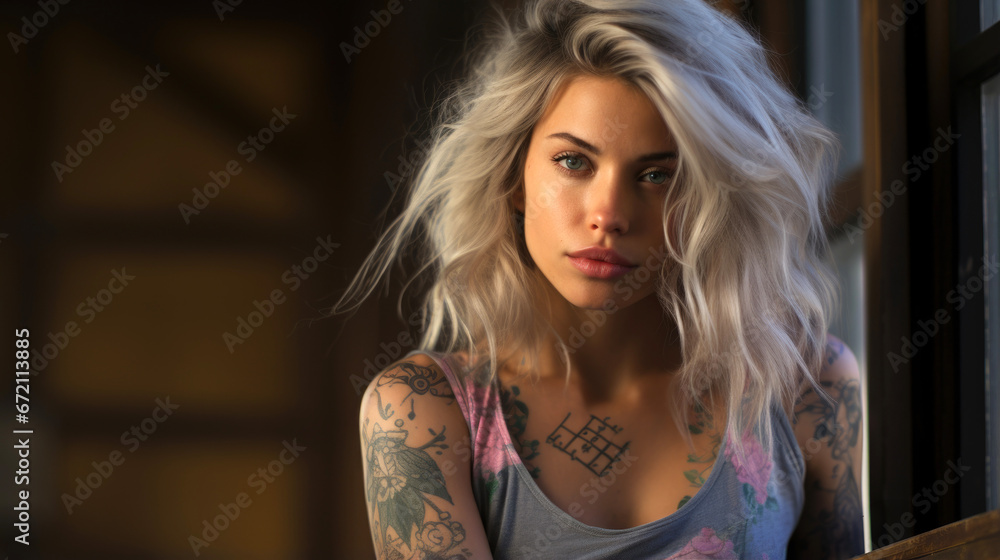 Fototapeta premium young girl with gray hair and tattoos on her arms