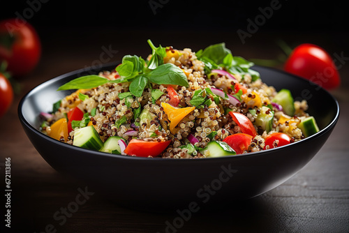 A bowl of quinoa salad is mixed with colorful vegetables and garnished with a sprig of parsley photo