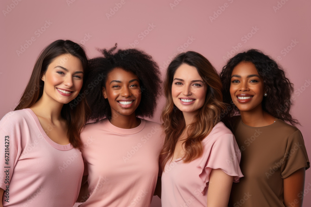 Multicultural group of women smiling together at camera Multicultural group of women smiling together at camera