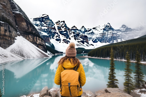 Rear view of a stylish girl, with a backpack and jacket, looking at the mountains and the lake, relaxing in the winter nature. Moraine Lake, Alberta