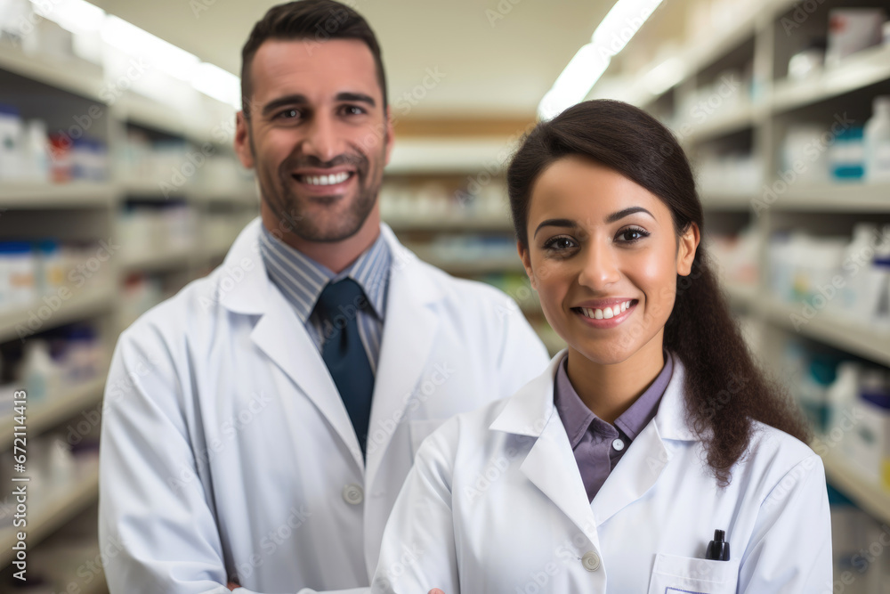 Cropped portrait of two smiling pharmacists standing together looking at the camera in a pharmacy Cropped portrait of two smiling pharmacists standing together looking at the camera in a pharmacy