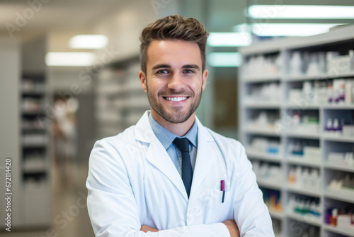 Portrait of young confident male pharmacist standing in a pharmacy