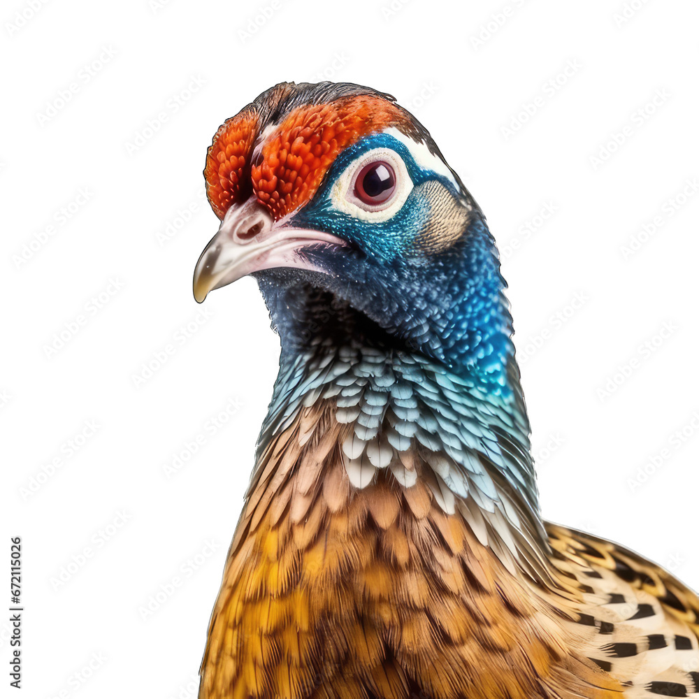 close up of a pheasant portrait isolated on white background