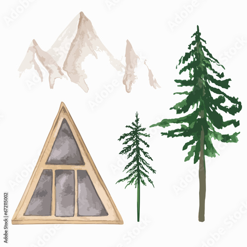 Triangle cabin, pine trees, and mountains are isolated on a white background. Set of 5 watercolor landscape objects. Building, green trees, and peaks clipart. Vector facade of a modern house in nature