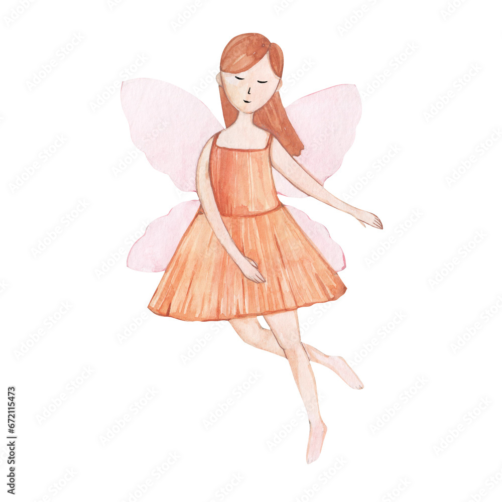 Watercolor hand drawn illustration of a little fairy girl. Drawing for children's design. Watercolor hand drawn illustration of a little fairy girl. Drawing for children's design.