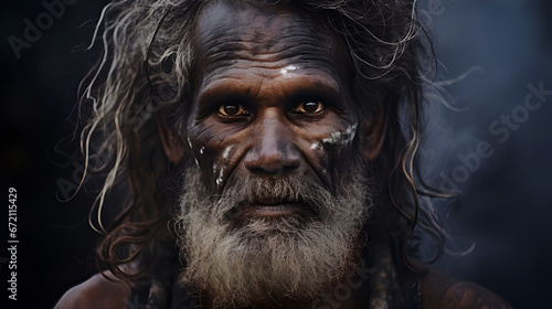 An Australian Aboriginal man  with traditional face paint and piercing eyes  emanates a profound depth against a moody  smoke-tinged background.