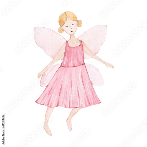 Watercolor hand drawn illustration of a little fairy girl. Drawing for children's design.