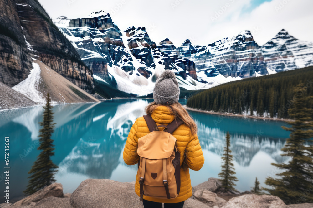 Rear view of a stylish girl, with a backpack and jacket, looking at the mountains and the lake, relaxing in the winter nature. Moraine Lake, Alberta Rear view of a stylish girl, with a backpack and jacket, looking at the mountains and the lake, relaxing in the winter nature. Moraine Lake, Alberta