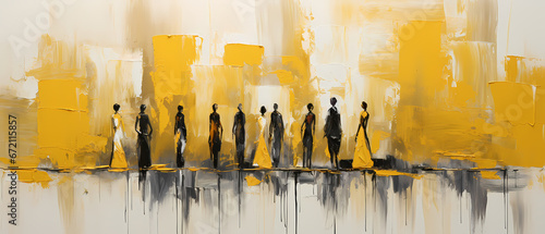 Beautiful group of men and women. Texture painting with oil brush stroke, palette knife paint on canvas in yellow and gray green