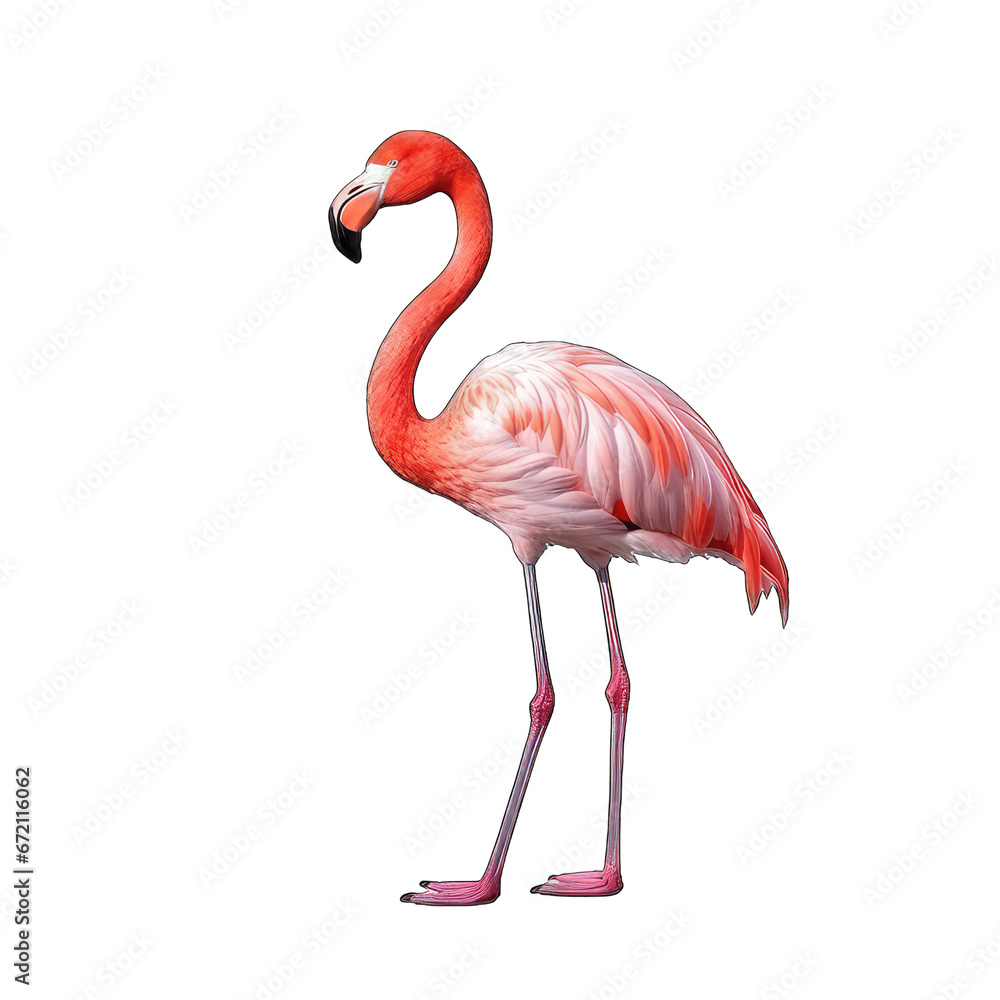 Side view of pink flamingo isolated on white