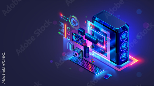 Overclocking gaming computer concept. Hardware parts with neon lights of power desktop gaming PC hangs over desk in dark. Gaming computer upgrade or repair. Power PC with CPU, coolers, RAM boards.