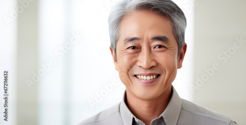 Asian adult man with gray hair and happy shy smiling