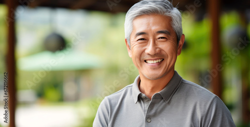 Asian adult man with gray hair and happy shy smiling