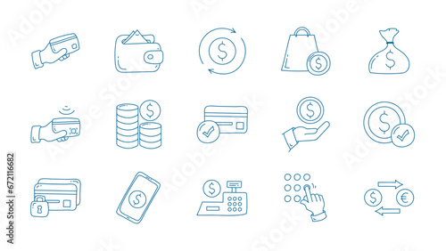 Hand drawn Payment line icon set. payment doodle icon collections. money, credit card,  exchange,  cash and transaction symbol.
