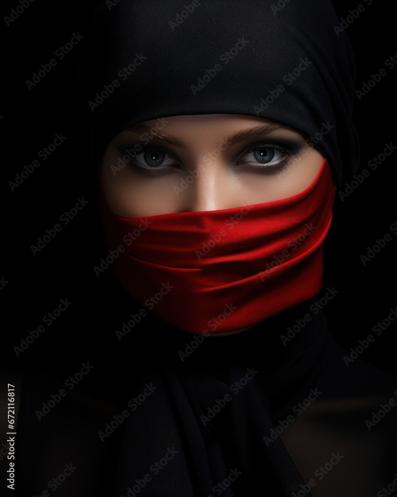 Blonde woman in traditional Japanese ninja clothing, black hood and red mask covering her face. Blonde woman in traditional Japanese ninja clothing, black hood and red mask covering her face.