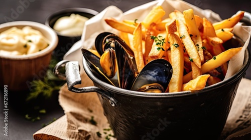 French Moules frites consists of mussels and French fried potatoes