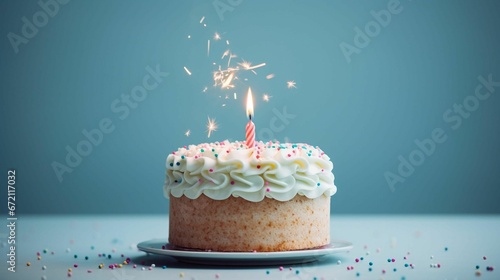 One birthday cake and candle, AI-generated.