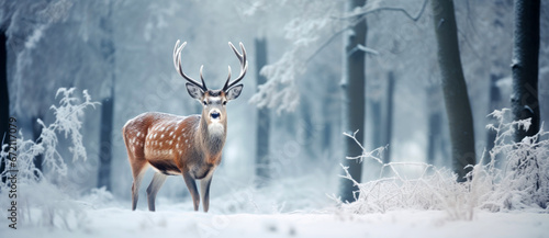 Beautiful Christmas scene with a deer in a winter snowy forest © Denis