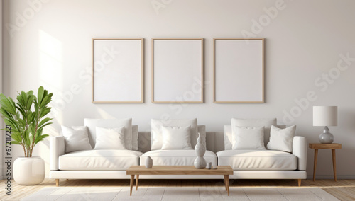 Beautiful living room interior with white sofa and paintings