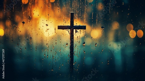 Fotografia The cross strong in the rain, AI-generated.
