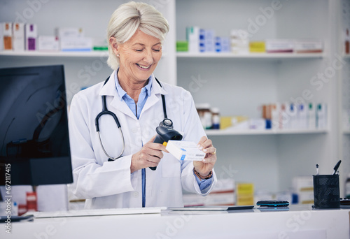 Senior pharmacist, woman and scanning pills, cashier with medicine and pharmacy, digital and stock barcode. Pharmaceutical store, tablet box and female person with health, service and retail commerce