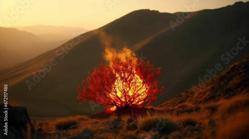 A burning bush in the desert with flames, AI-generated. photo