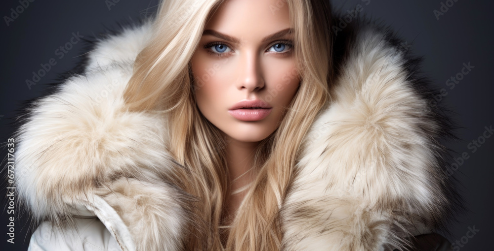 girl with long blond hair in a park with a white fur collar girl with long blond hair in a park with a white fur collar