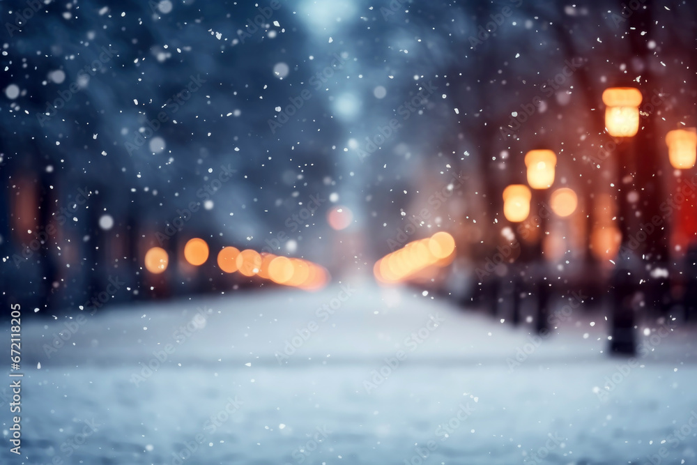 blurred street of festive night or evening city with snowfall and Christmas lights