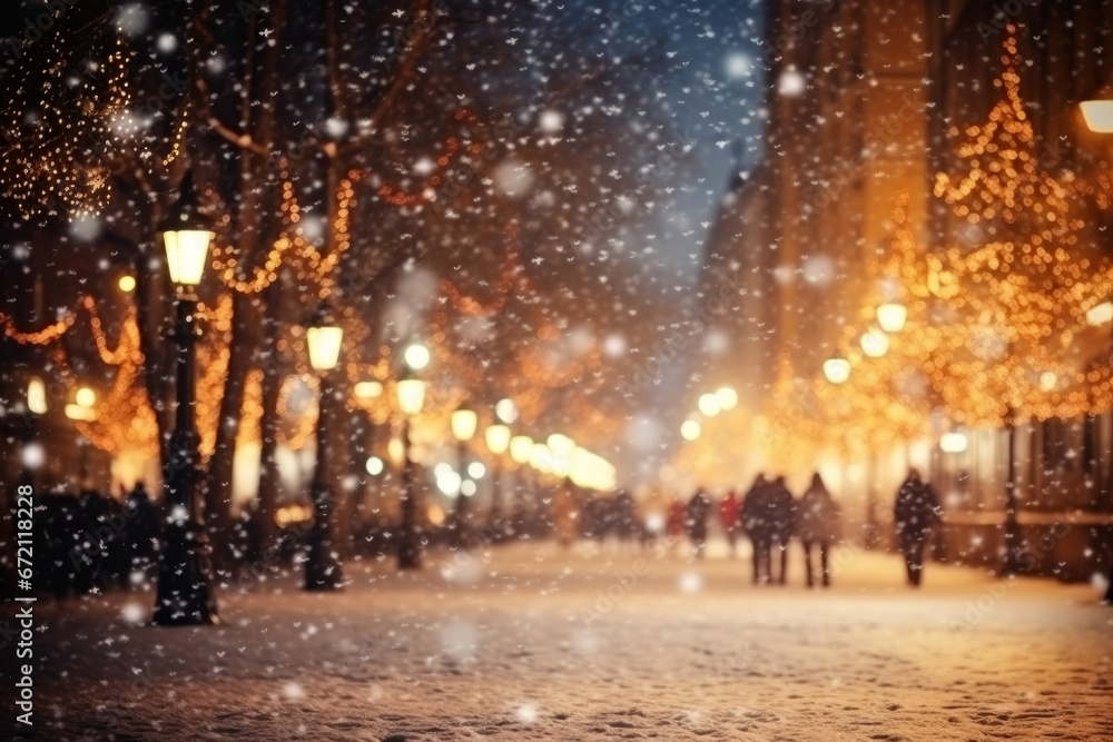 blurred street of festive night or evening city with snowfall and Christmas lights