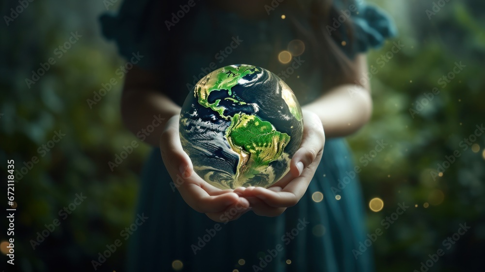 Green planet in the hands of children. save the earth, Saving environment, and environmentally sustainable. Concept of the Environment World Earth Day Green planet in the hands of children. save the earth, Saving environment, and environmentally sustainable. Concept of the Environment World Earth Day