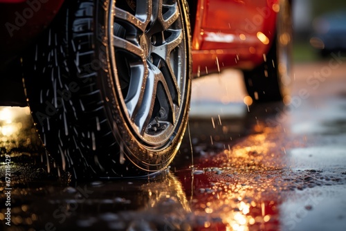Car's tires being meticulously cleaned with a powerful pressure washer, Generative AI © Shooting Star Std