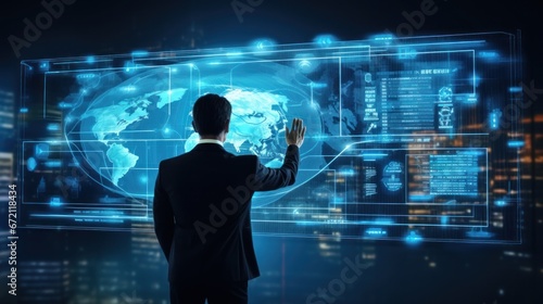 business man touching on digital business chart interface on blurry office interior background. Finance, trade, technology and future concept.