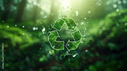 The green recycle symbol is on a green bokeh background. save the earth, Saving environment, and environmentally sustainable. Concept of the Environment World Earth Day photo
