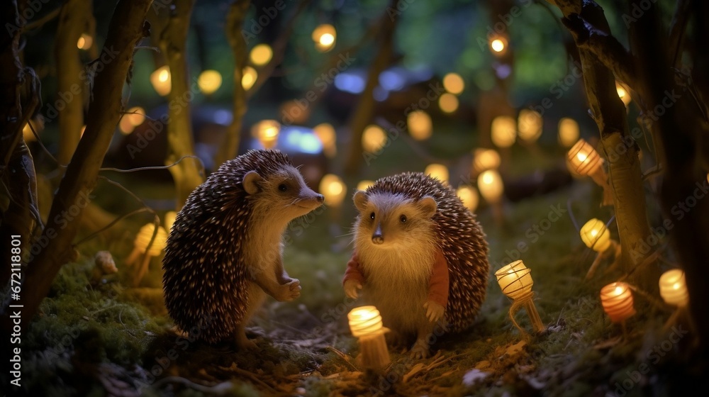 Obraz premium AI generated illustration of two hedgehogs standing in the woods next to some lights