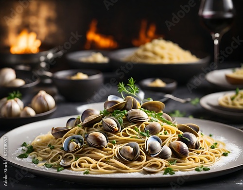 Yummy Delights in Close-up: Delicious Linguine Alle Vongole Spaghetti Photography. A Generative AI Digital Illustration.