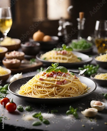 Yummy Delights in Close-up: Delicious  Spaghetti carbonara Photography. A Generative AI Digital Art.
