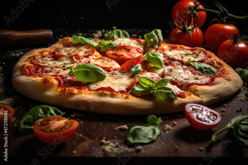 pizza  with tomatoes and basil