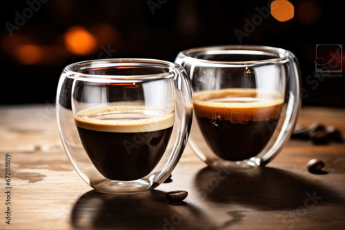Photo of a close-up view of two steaming cups of freshly brewed coffee on a wooden table
