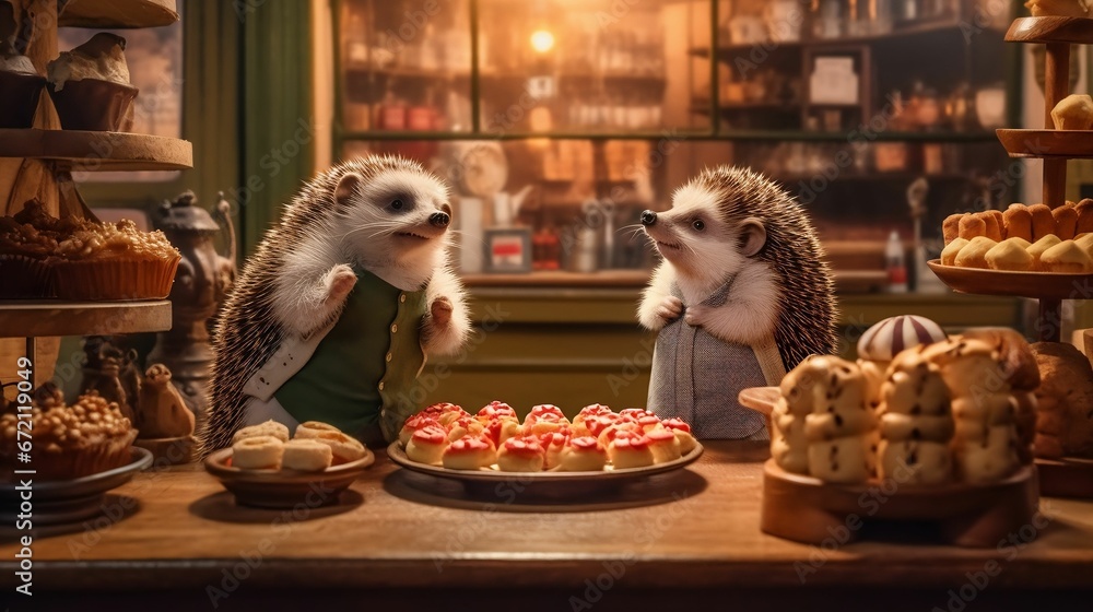 AI generated illustration of two small hedgehogs standing next to a dessert counter