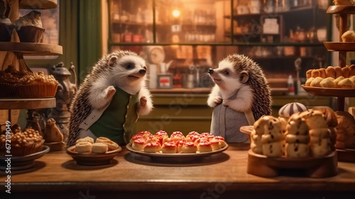 AI generated illustration of two small hedgehogs standing next to a dessert counter © Wirestock